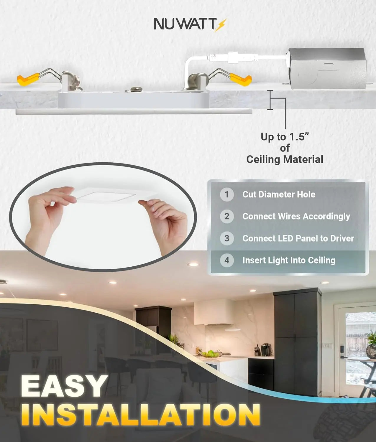 4 Inch Square LED Recessed Lights, 5 CCT Selectable 2700K-5000K, 630 Lumens Dimmable, Wet & IC Rated, Canless Downlight, 6 Pack