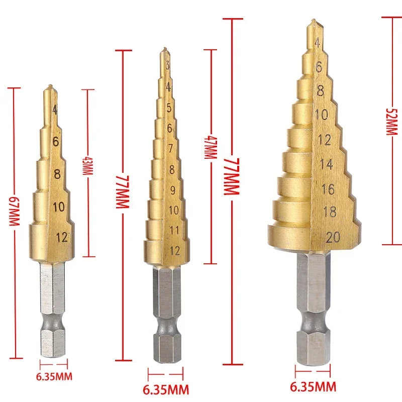 Titanium Coated Step Drill Bit Set | Large & Small Sizes | 2-Piece or 3-Piece for Metal, Wood, and Plastic