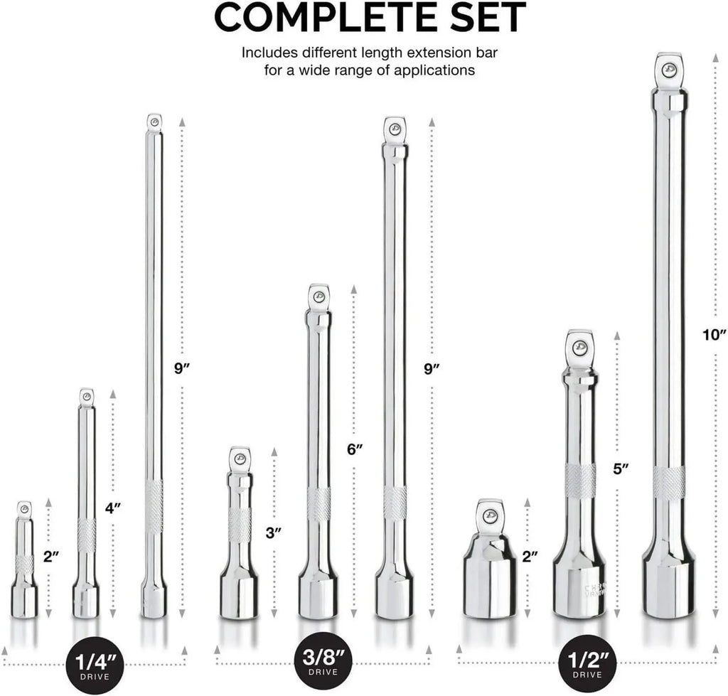 Wobble Extension Bar Set 9 Piece 1/4" 3/8" 1/2" Drives Cr-V Steel 16° Angle for Tight Spots