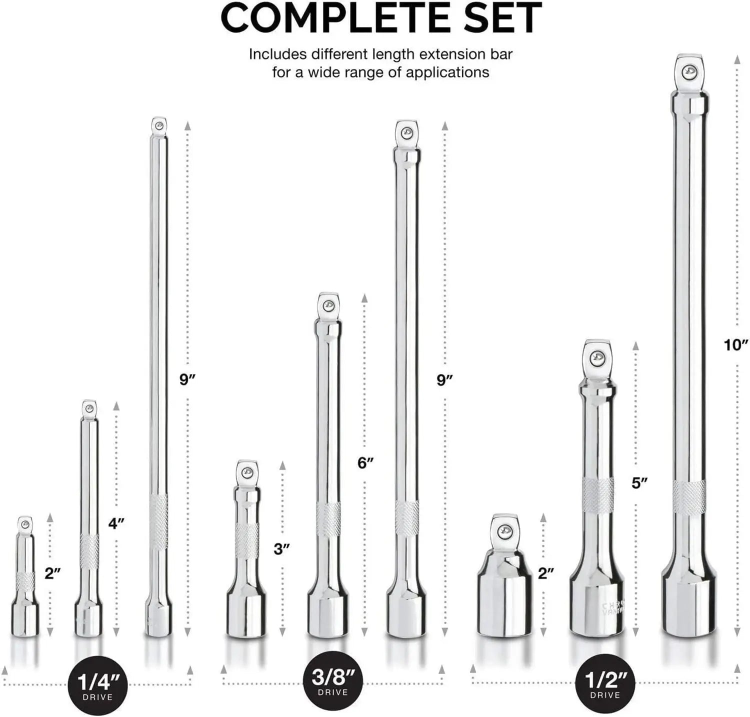 Wobble Extension Bar Set 9 Piece 1/4" 3/8" 1/2" Drives Cr-V Steel 16° Angle for Tight Spots