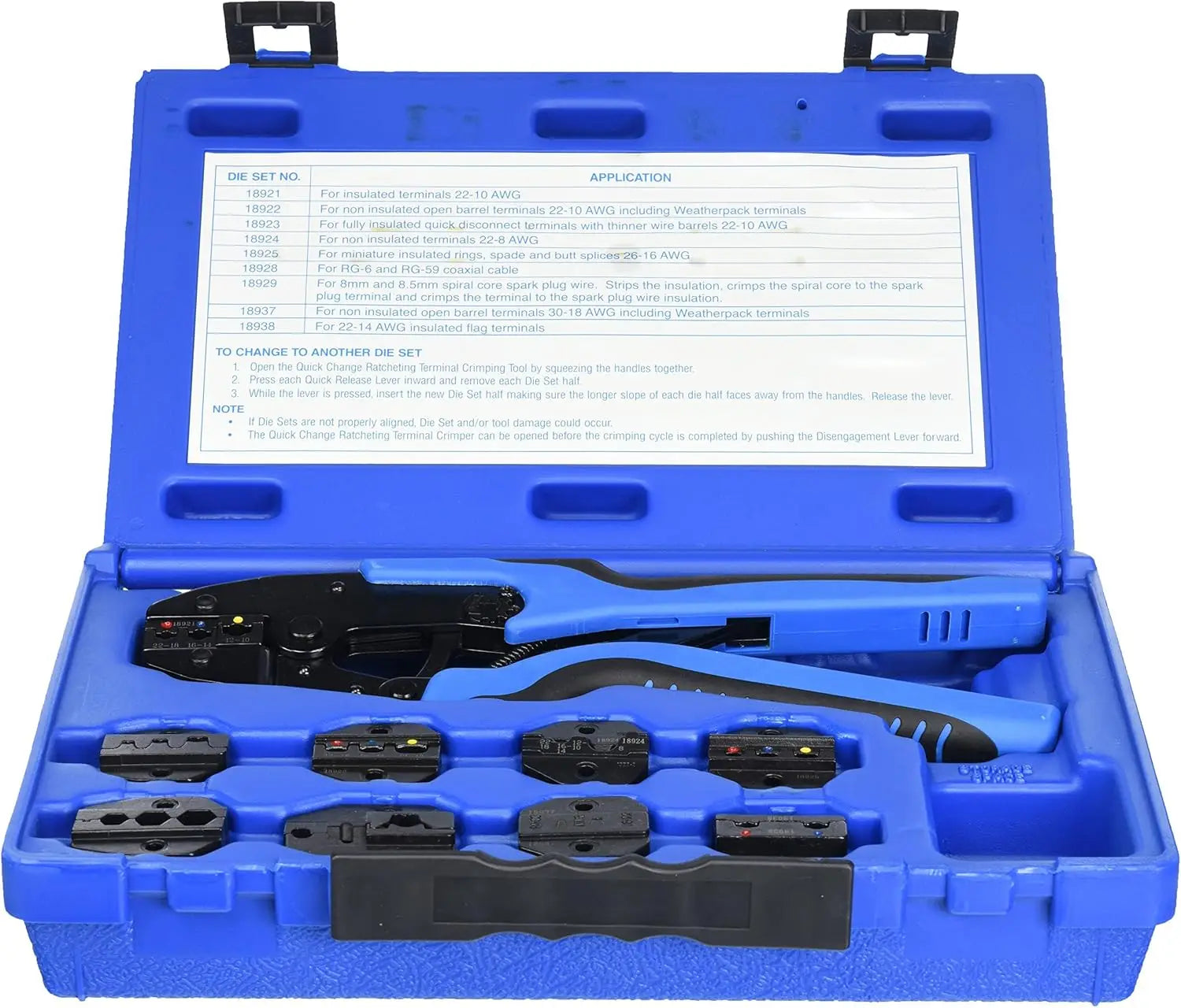 Ratcheting Terminal Crimping Kit with 9 Quick-Change Die Sets for Auto Applications