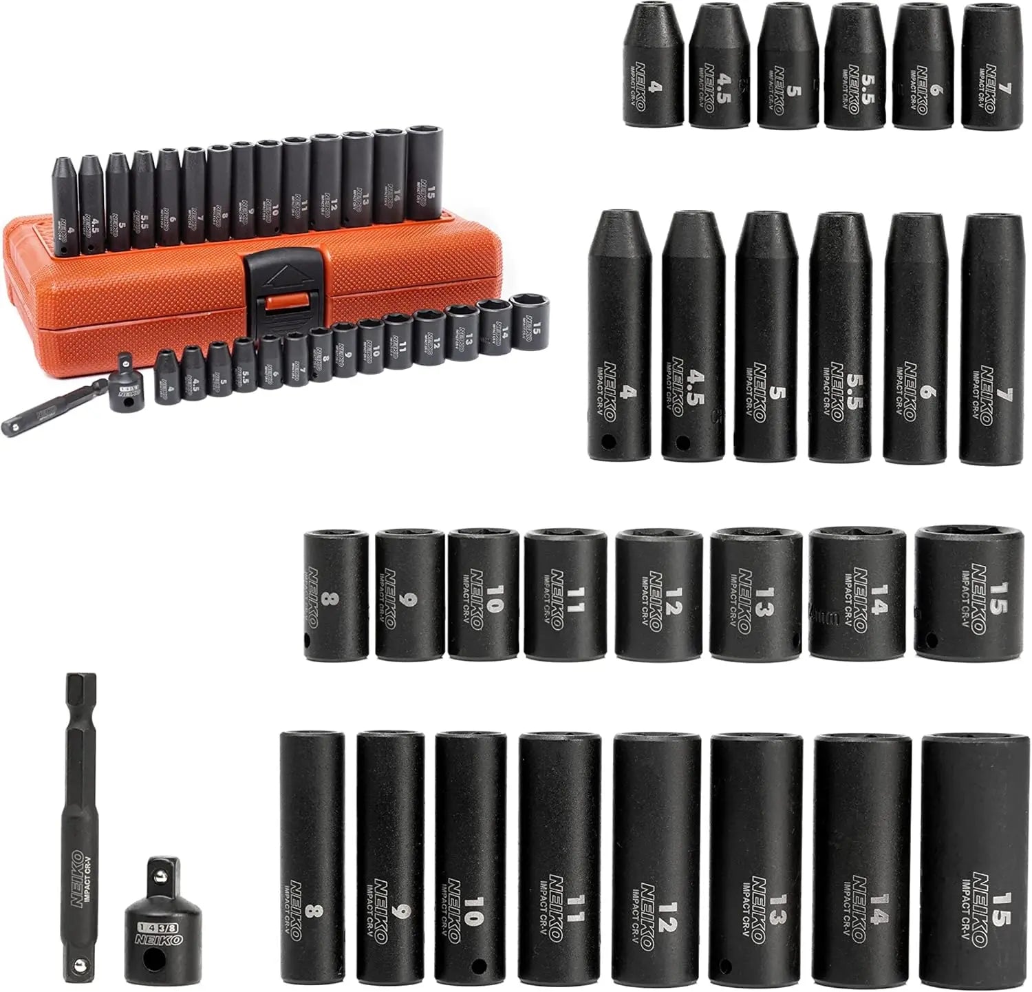 1/4" Drive Impact Socket Set 30 Piece Metric 4-15mm Deep & Shallow Chrome Vanadium Steel with Reducer & Adapter