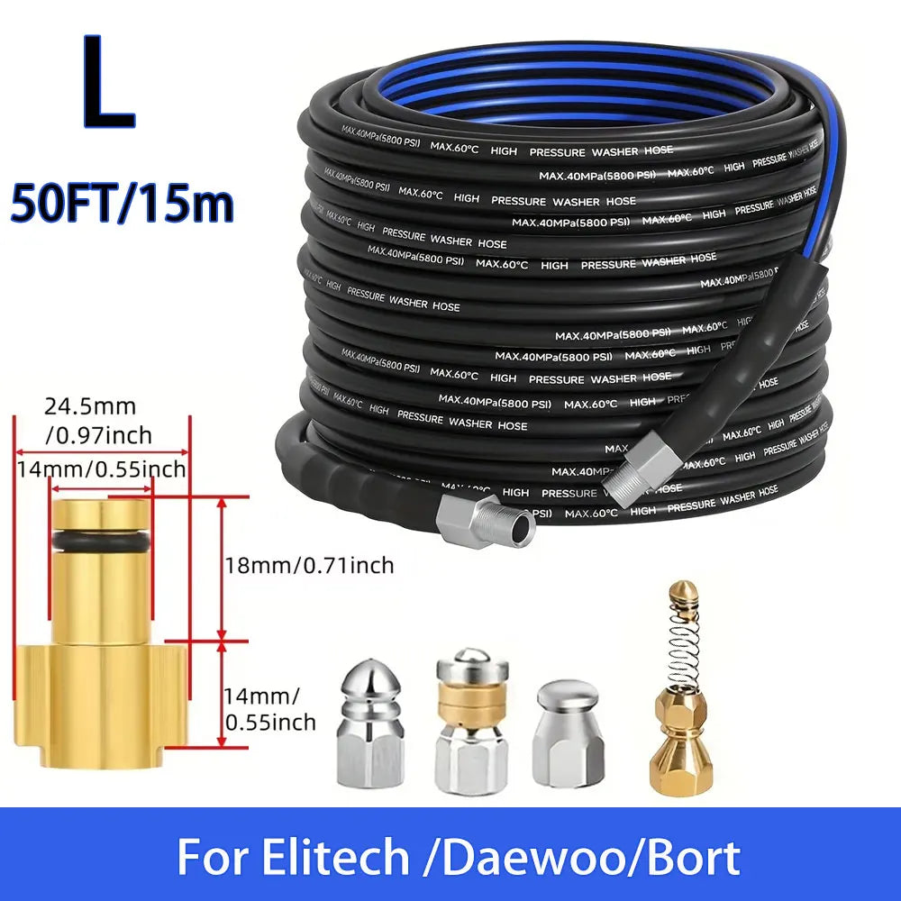 50FT Blue-Black Cleaning Hose Pressure Washer Drain Flusher,1/4" NPT  5000PSI Sink Unblocker Kitchen Flusher Nozzle Accessories