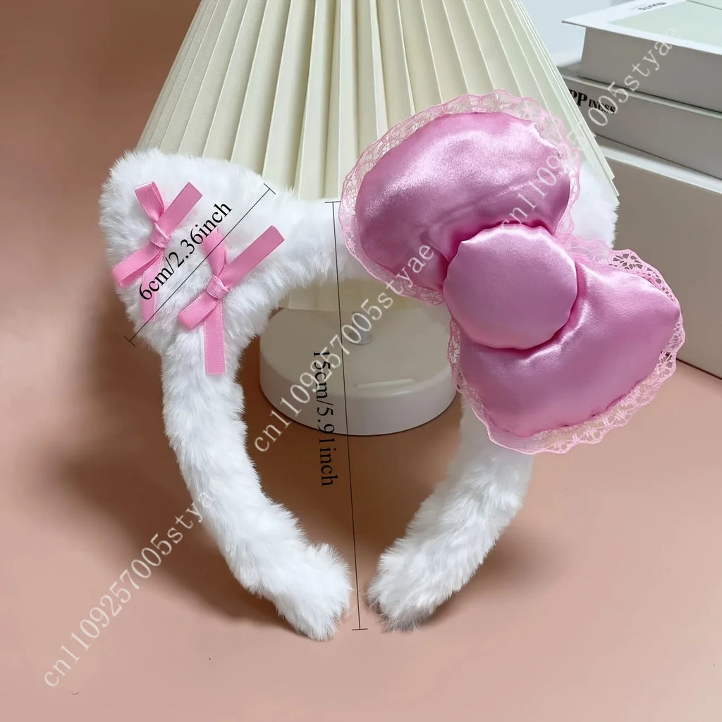 Hello Kitty Pink Bow Plush Headband  Women'S Cute and Comfortable Hair Accessory Suitable for Face Washing and Decoration