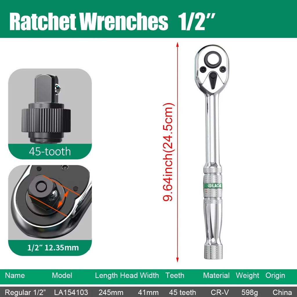 LAOA 1pc Quick Bi-Directional Ratchet Wrench CRV 1/4 3/8 1/2 Socket Wrench Auto Motorcycle Repair Tools