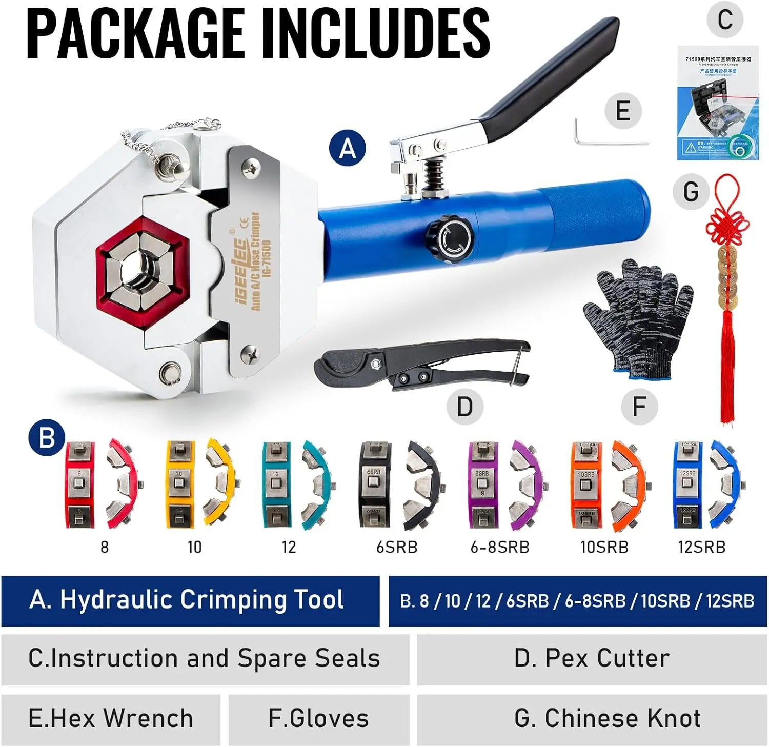 Hydraulic Hose Crimper Tool for AC Repair with 7 Die Set, Fits Barbed & Beaded Hose Fittings | IG-71500