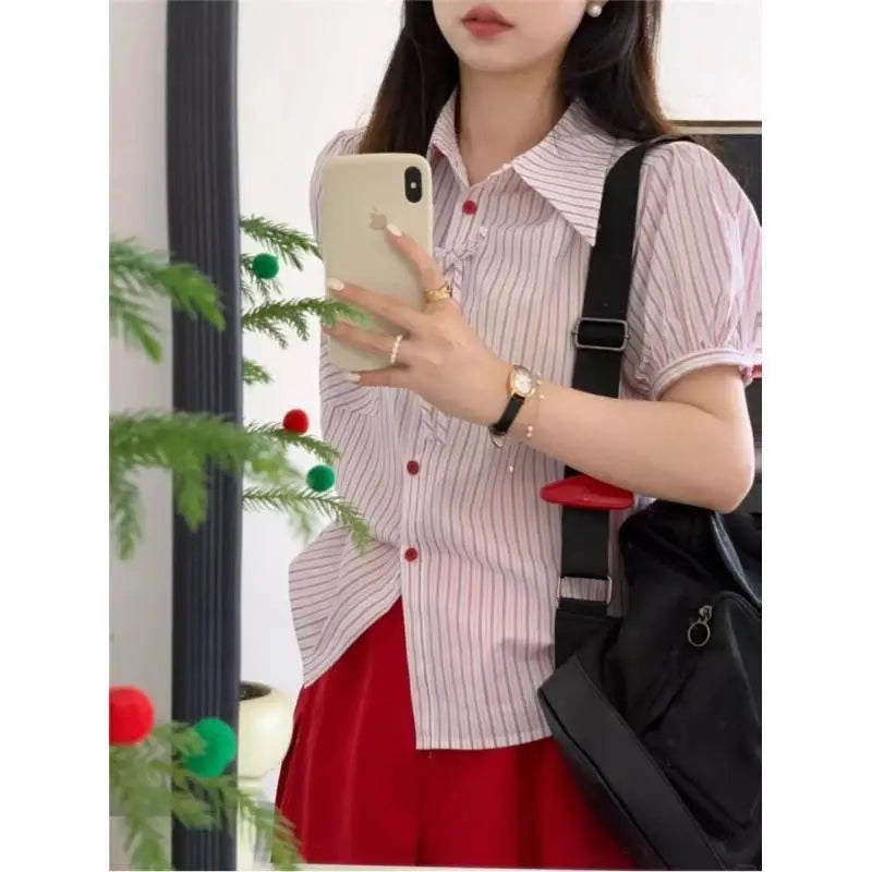 Women's Suit Fashion Two Piece Set Skirt And Shirt Cotton Women Summer Red Pocket Stripe Bow Short Sleeve Bubble Sleeve New 2025