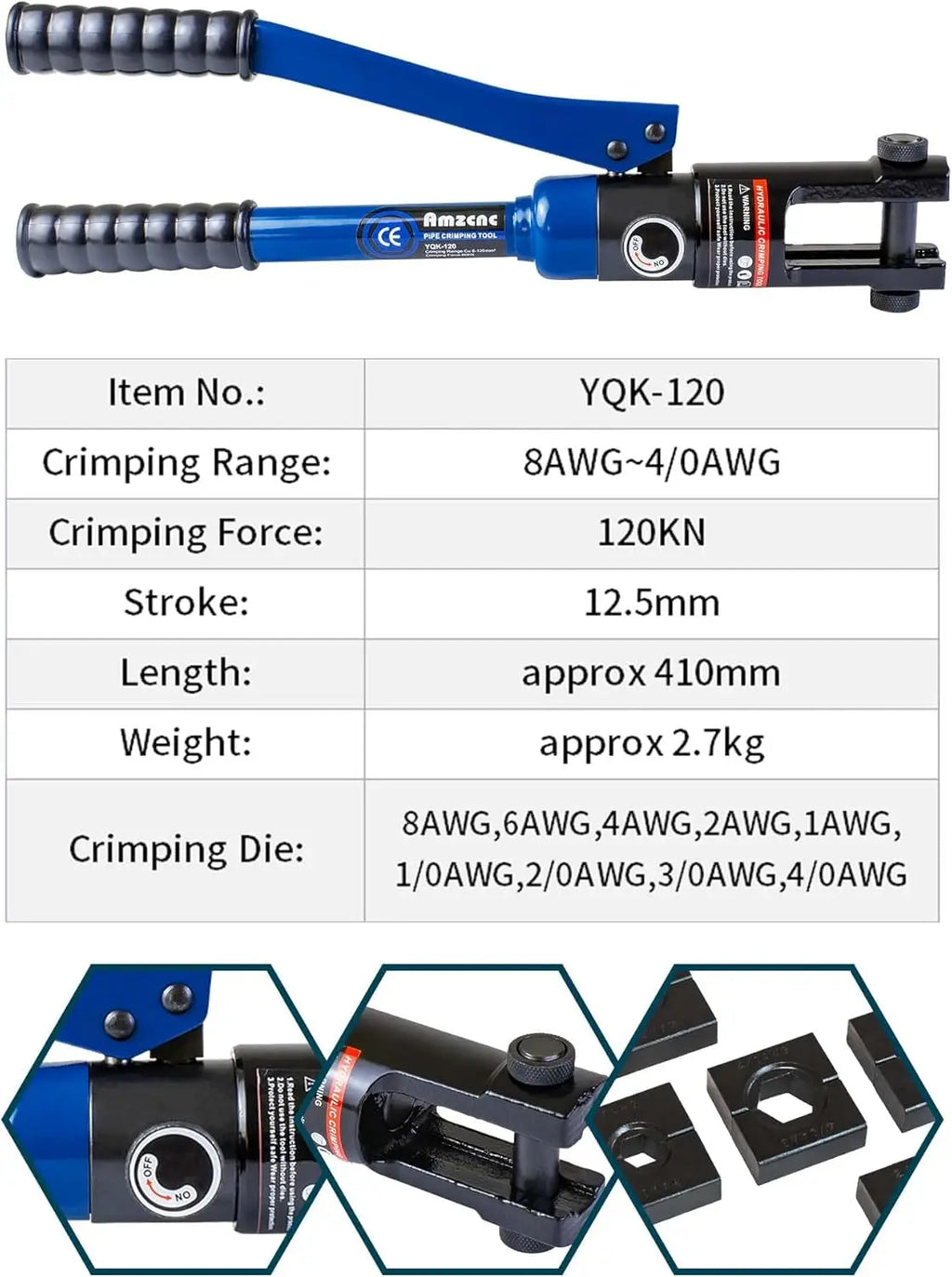 12 Ton Hydraulic Crimping Tool with 9 Standard Dies, Crimps 8AWG to 4/0 AWG, Hardened Steel Construction for Durability