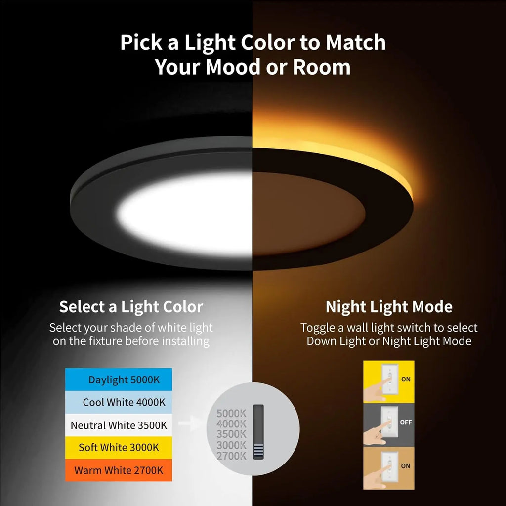 12 Pack 4" 5CCT Ultra-Thin LED Recessed Light with Night Light, 9W=75W, 750LM, Dimmable, Black Trim