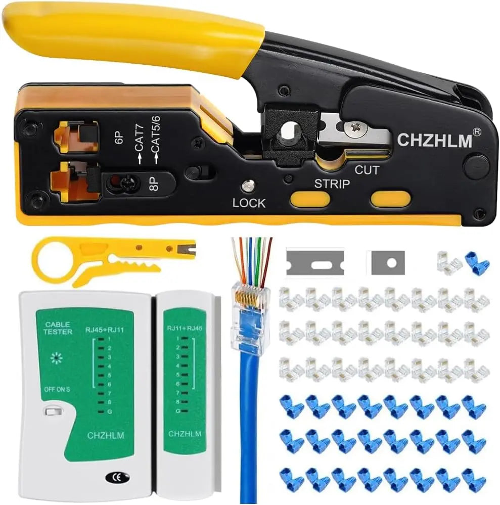 RJ45 Crimp Tool Kit with Cable Tester for Ethernet Connectors Cat7 Cat6 Cat5, Includes Stripper and Telephone Connector