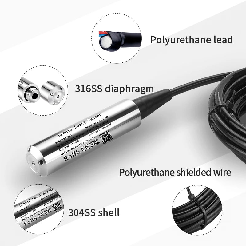 0-5m 10m 15m to RS485 Hydrostatic Liquid Level Transmitter 4-20mA 0-10V 0-3.3V 0.5-4.5V Output Water Pressure Level Sensor Probe