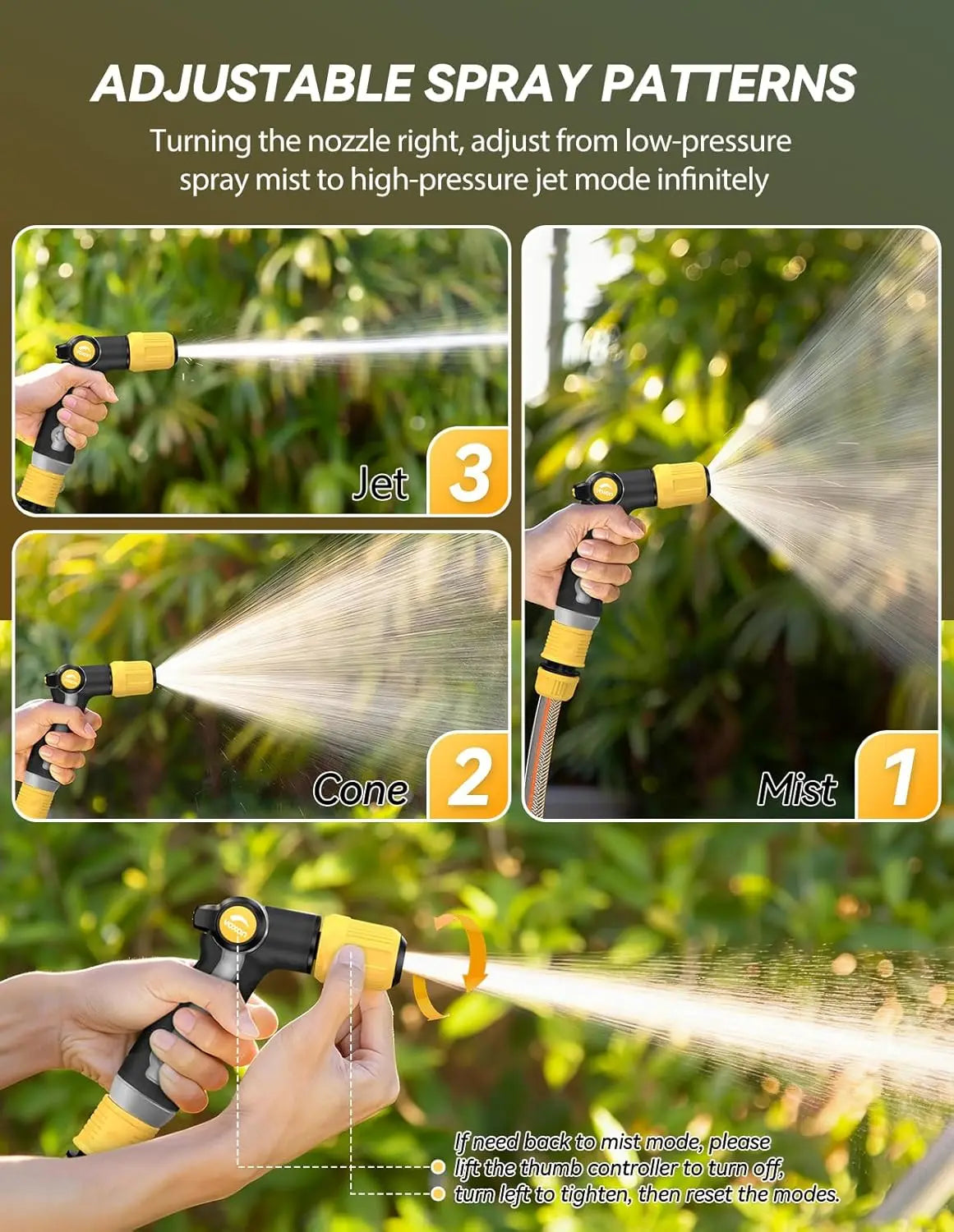 Heavy Duty Metal Garden Hose Nozzle with Thumb Flow Control and Adjustable Spray Patterns for Outdoor Watering, Car Washing, Pet
