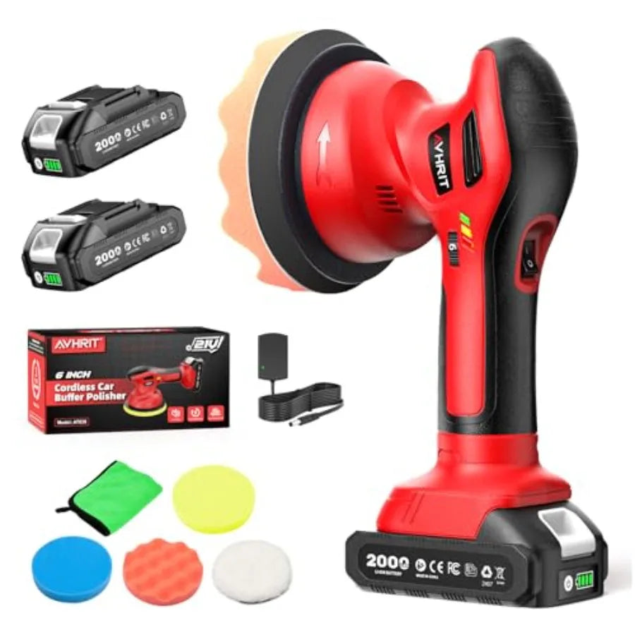 Cordless Car Buffer Polisher kit w/ 2x2000mAh 21V Batteries 6 Inch Car buffer Waxer Kit w/ 6 Variable Speed and Extra Attachmen