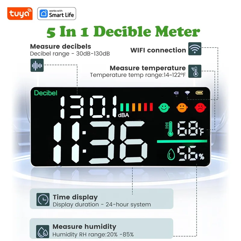【THANKSGIVING DAY】Tuya Smart Wifi 5 In 1 CO2 Gas Detector Decibel Meter Noise Meter Temperature Humidity Monitor For Home Classr