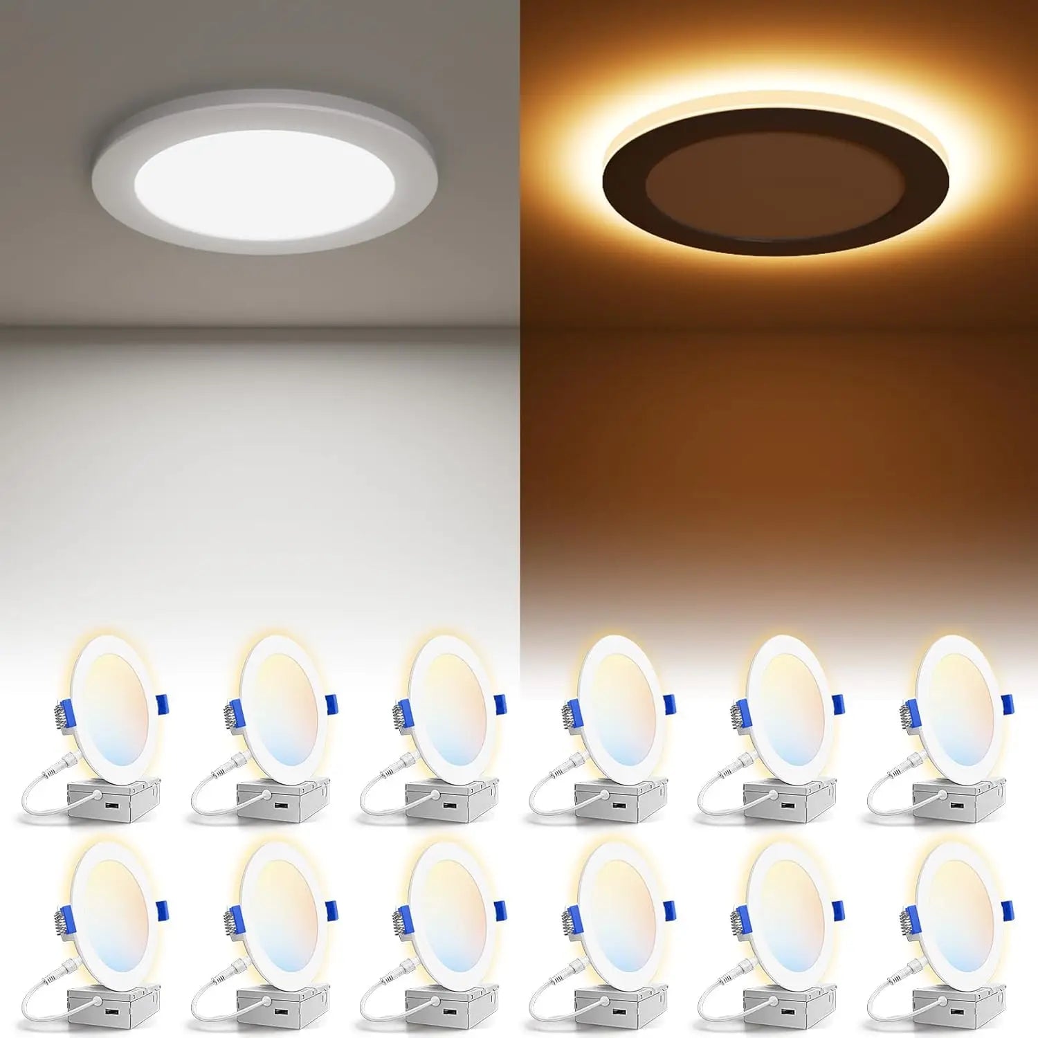 12 Pack 6 Inch Recessed Light with Night Light, 5CCT Selectable 2700K-5000K, 12W=130W, 1080LM Dimmable, ETL Listed