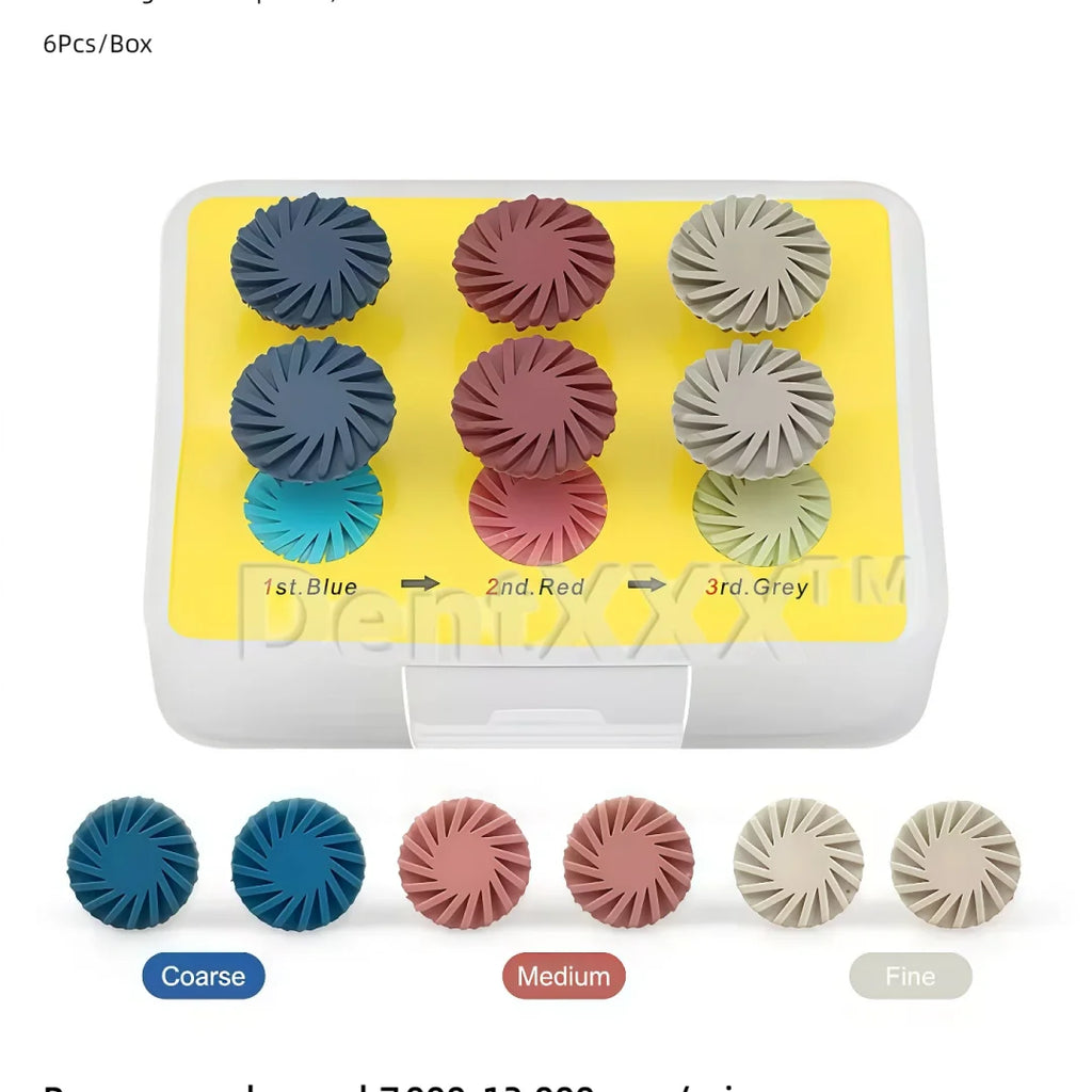 6 Composite Resin Polishing Discs, Rubber Polishing Wheels 14mm, 3-Color Cyclone Wheels with Gold Ra Shank, Shank Diameter 2.35mm, for Soft Metals, Wood, Stone, Pvc, Jade, Ceramic Tiles, Marble, Plastic, Agate, Glass, Crystal, and Non-Ferrous Metals