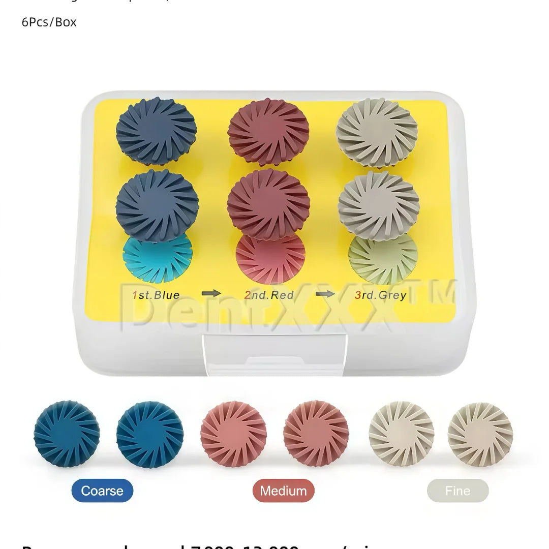 6 Composite Resin Polishing Discs, Rubber Polishing Wheels 14mm, 3-Color Cyclone Wheels with Gold Ra Shank, Shank Diameter 2.35mm, for Soft Metals, Wood, Stone, Pvc, Jade, Ceramic Tiles, Marble, Plastic, Agate, Glass, Crystal, and Non-Ferrous Metals