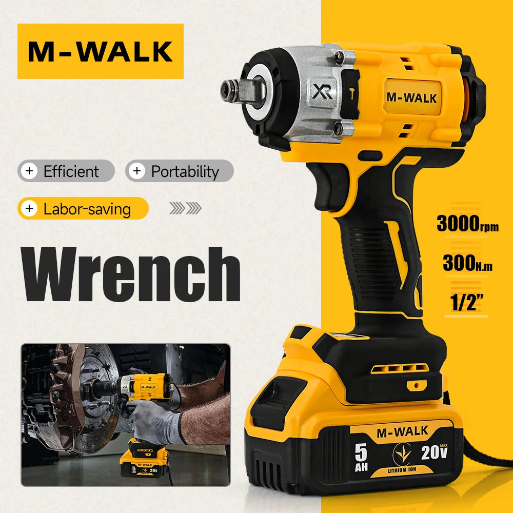 M-WALK 300N.M Brushless Electric Impact Wrench 3000RPM Cordless Wrench Screwdriver 1/2Inch Power Tool For Dewalt 20V Battery Pin