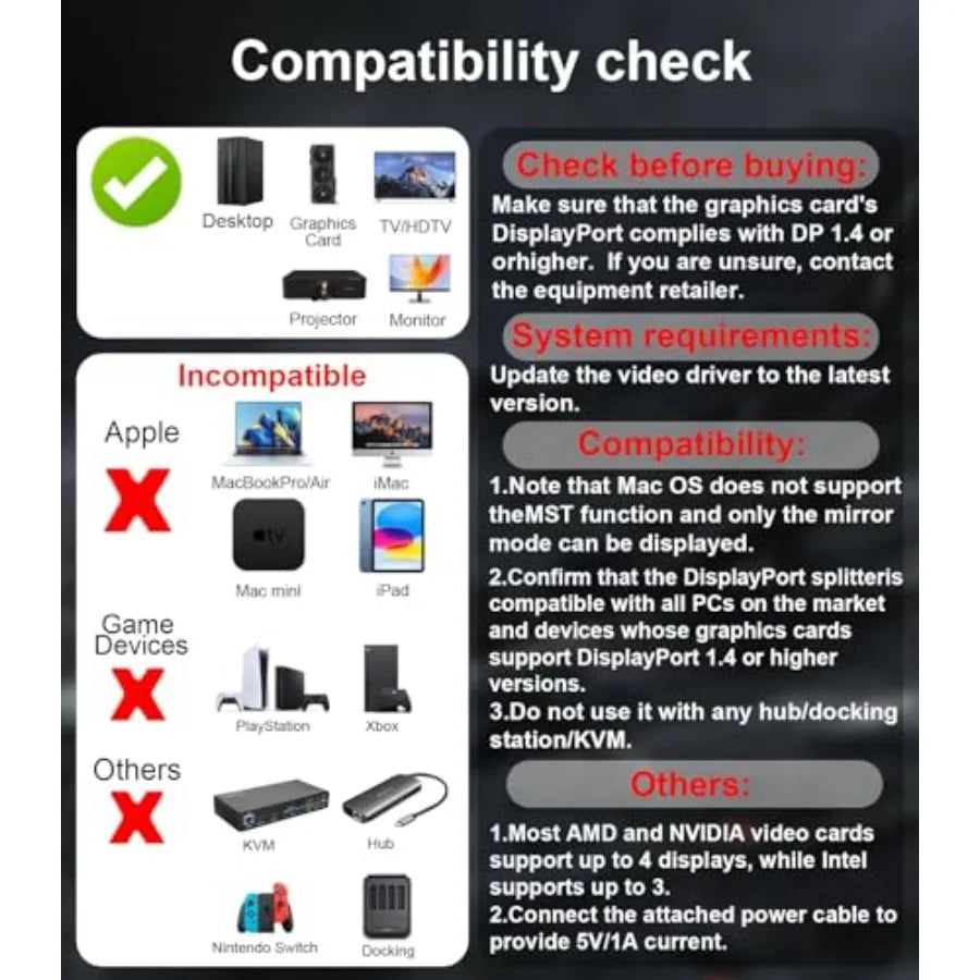 DisplayPort to HDMI Splitter for Multi Monitor Adapter 4K@60Hz HDMI Splitter Extended Display 1 in 3 Out MST Hub for Extended o