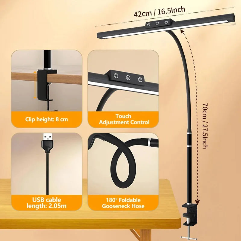 USB-Powered Clip Light LED Desk Lamp with Flexible Gooseneck Design Temperature Adjustment Dimmable Brightness Touch Control