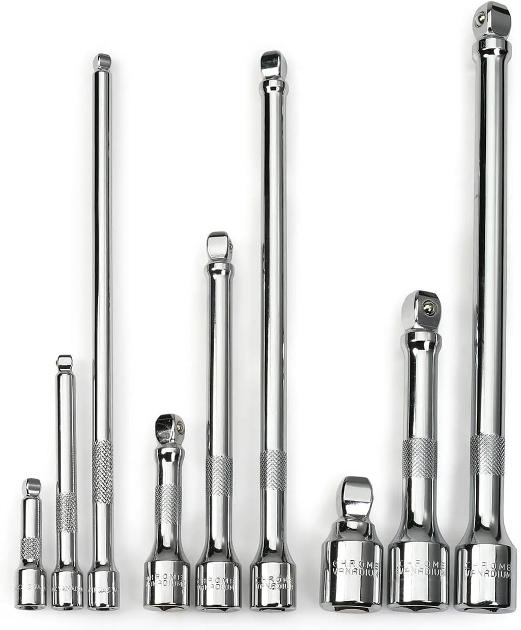 Wobble Extension Bar Set 9 Piece 1/4" 3/8" 1/2" Drives Cr-V Steel 16° Angle for Tight Spots