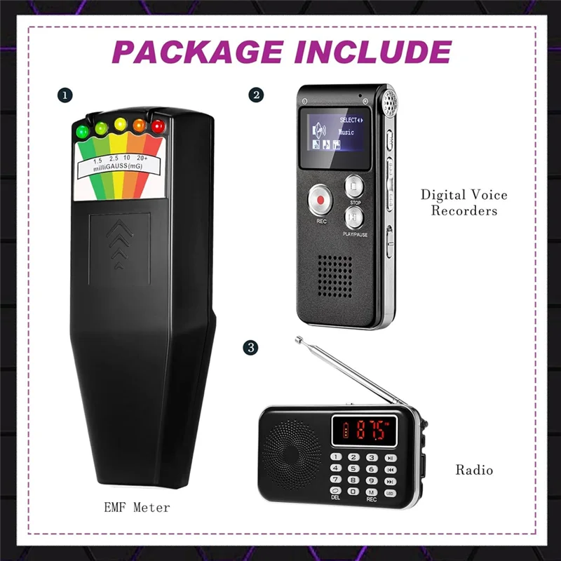 B03B-Equipment Kit Includes 1 Pcs 8GB Audio Recorder 1 Pcs Emf Detector Emf Meter Magnetic Field Detector For Research