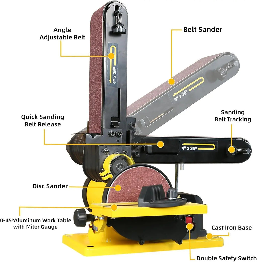 4.3A Belt Sander with 4x36 in. Belt & 6 in. Disc, Double Dust Port, Steel Base, Includes 2 Sandpapers