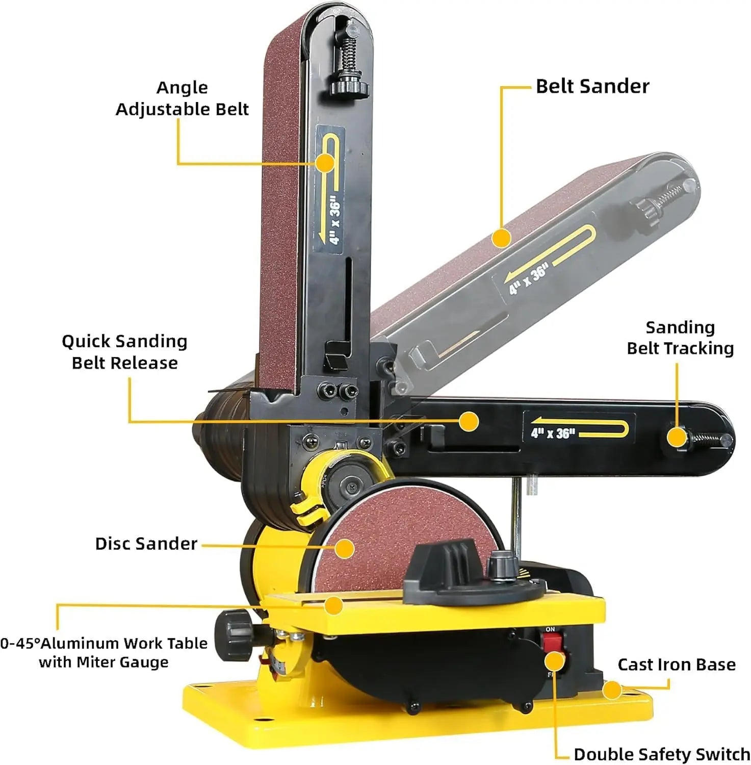 4.3A Belt Sander with 4x36 in. Belt & 6 in. Disc, Double Dust Port, Steel Base, Includes 2 Sandpapers