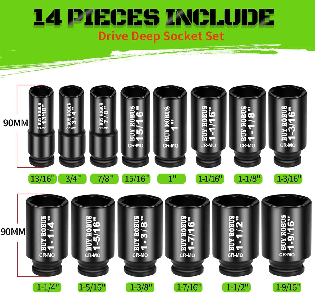 14pc 3/4" Drive Deep Impact Socket Set, SAE 3/4" to 1-9/16", CR-MO, for Heavy Duty Use