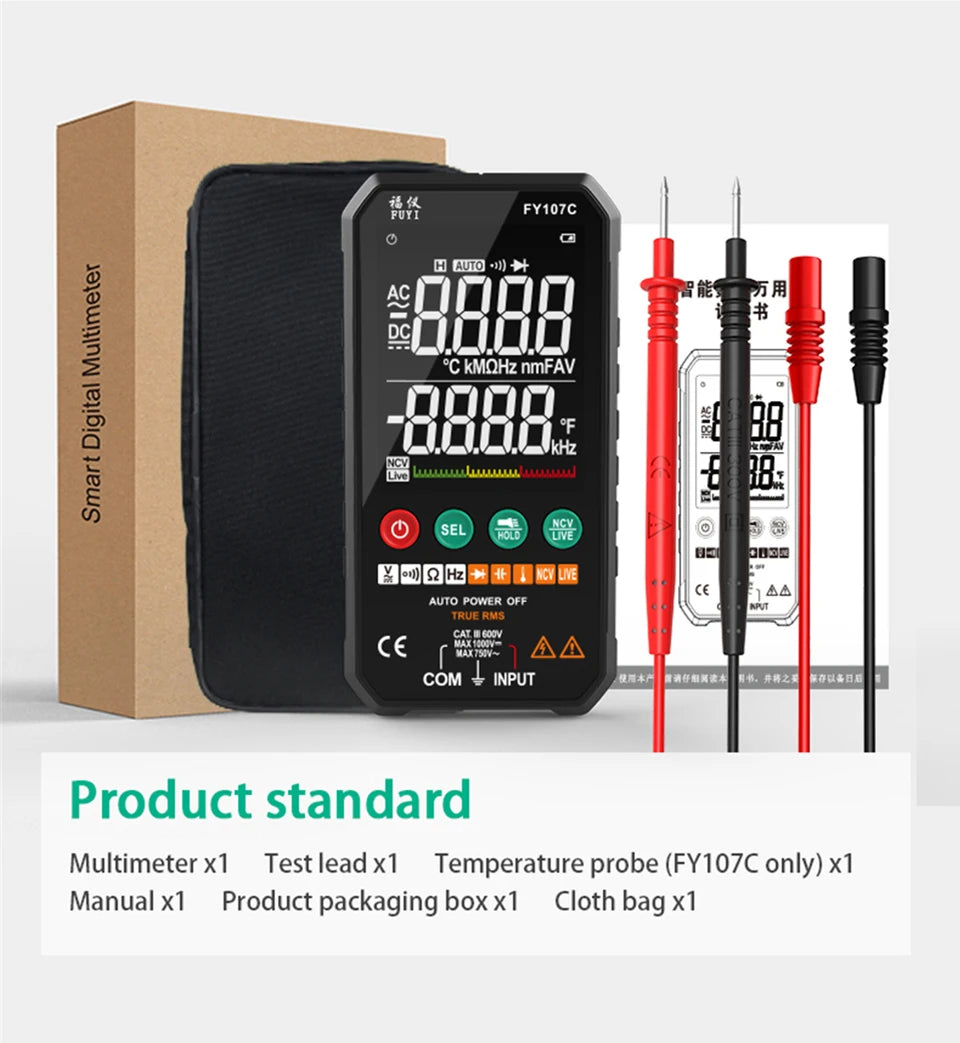Digital Multimeter FY107C FY107B Universal Meter AC DC Voltage Ture RMS NCV Transistor Capacitor Temp Auto Voltage Smart Meter