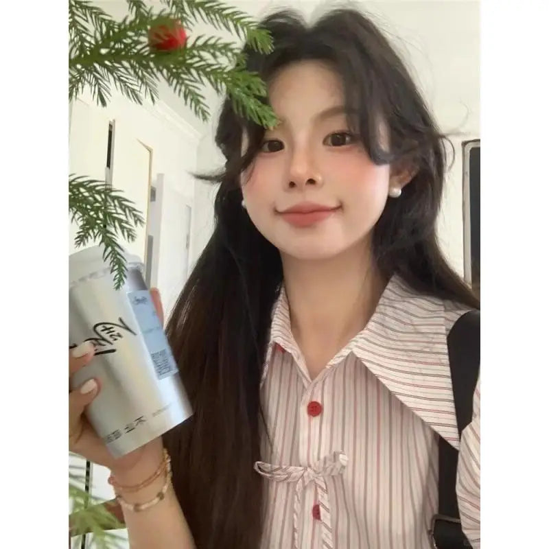 Women's Suit Fashion Two Piece Set Skirt And Shirt Cotton Women Summer Red Pocket Stripe Bow Short Sleeve Bubble Sleeve New 2025