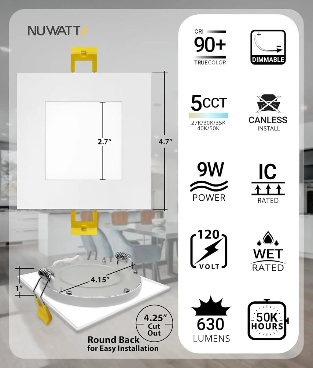 4 Inch Square LED Recessed Lights, 5 CCT Selectable 2700K-5000K, 630 Lumens Dimmable, Wet & IC Rated, Canless Downlight, 6 Pack