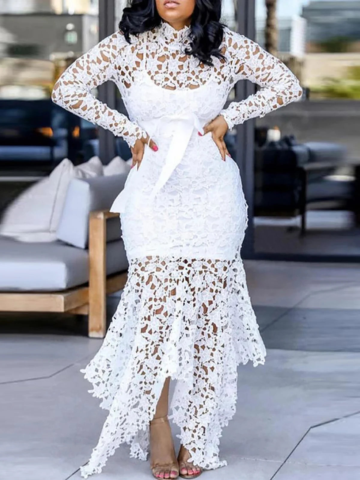Women Elegant French Lace Dress Stand Up Collar Puff Sleeve Slim Sexy Hollow Out Irregular Hem Party Club Evening Midi Dresses