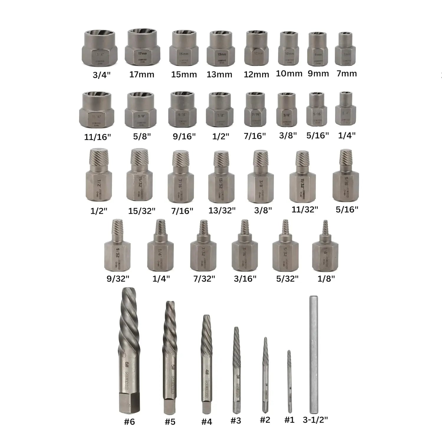 36-Piece Stripped Bolt Extractor Socket Set, Deep & Shallow, CR-Mo, 3/8 Dr., Rounded Nut Remover