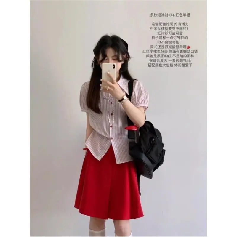 Women's Suit Fashion Two Piece Set Skirt And Shirt Cotton Women Summer Red Pocket Stripe Bow Short Sleeve Bubble Sleeve New 2025