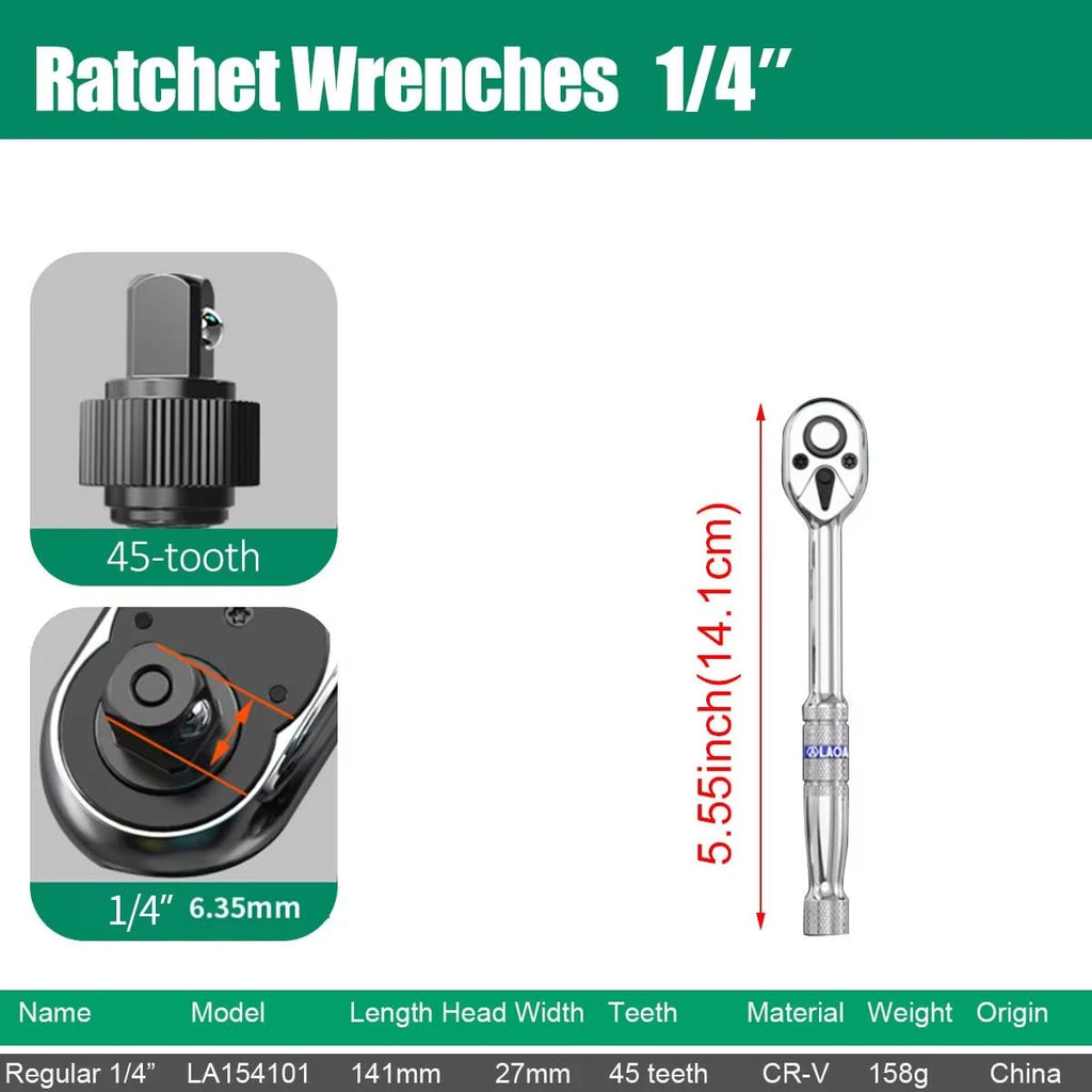 LAOA 1pc Quick Bi-Directional Ratchet Wrench CRV 1/4 3/8 1/2 Socket Wrench Auto Motorcycle Repair Tools
