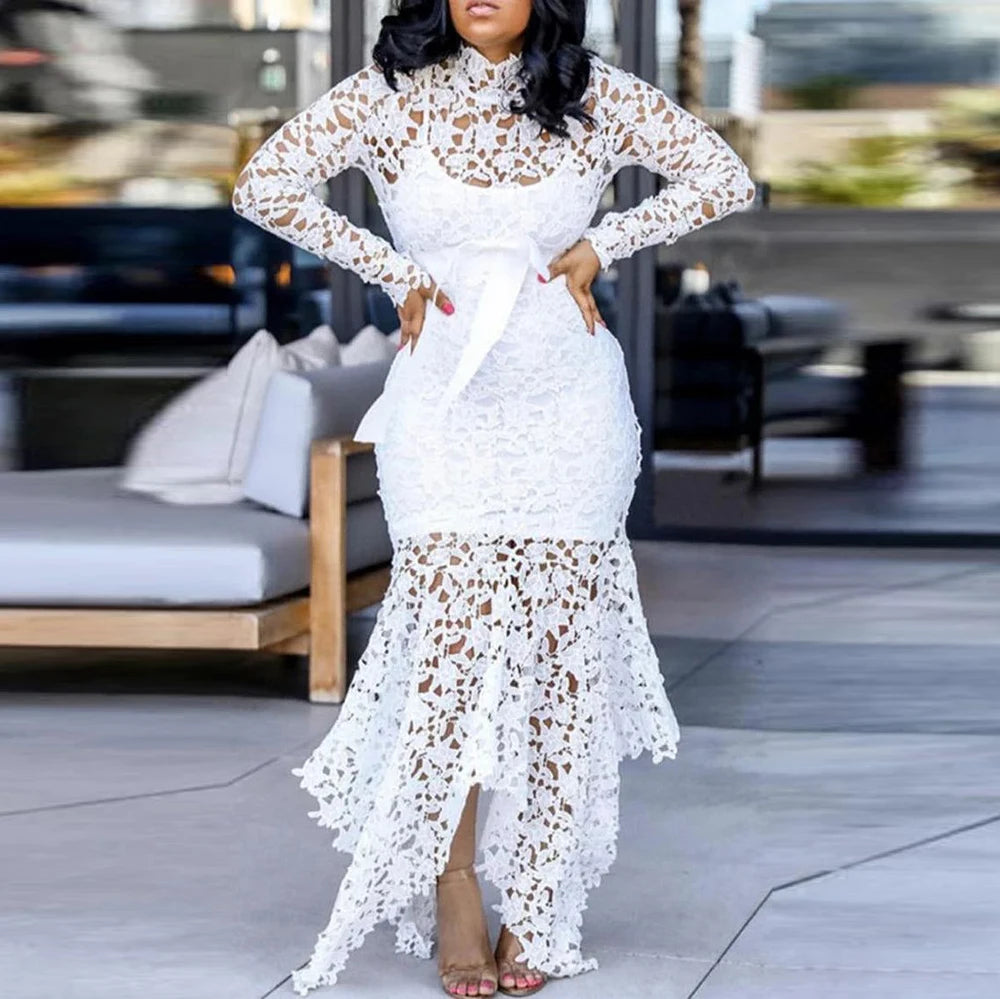 Women Elegant French Lace Dress Stand Up Collar Puff Sleeve Slim Sexy Hollow Out Irregular Hem Party Club Evening Midi Dresses