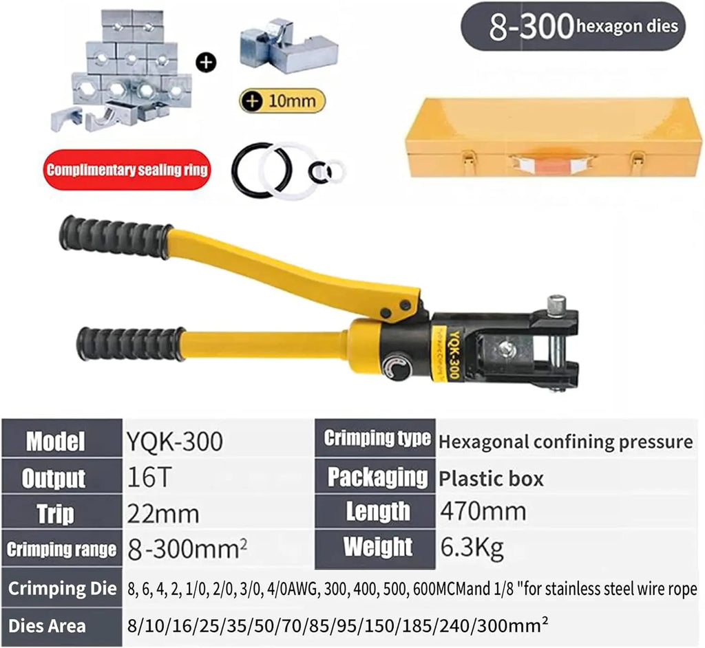 16T Hydraulic Crimping Tool for Battery Cables, 8 AWG to 600 MCM, with 13 Dies and 0.87 Inch Stroke