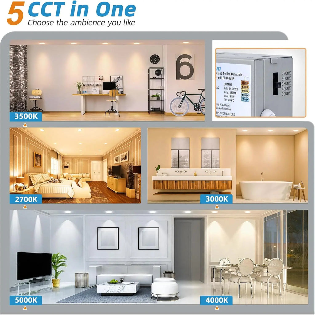 12 Pack 6 Inch Recessed Light with Night Light, 5CCT Selectable 2700K-5000K, 12W=130W, 1080LM Dimmable, ETL Listed