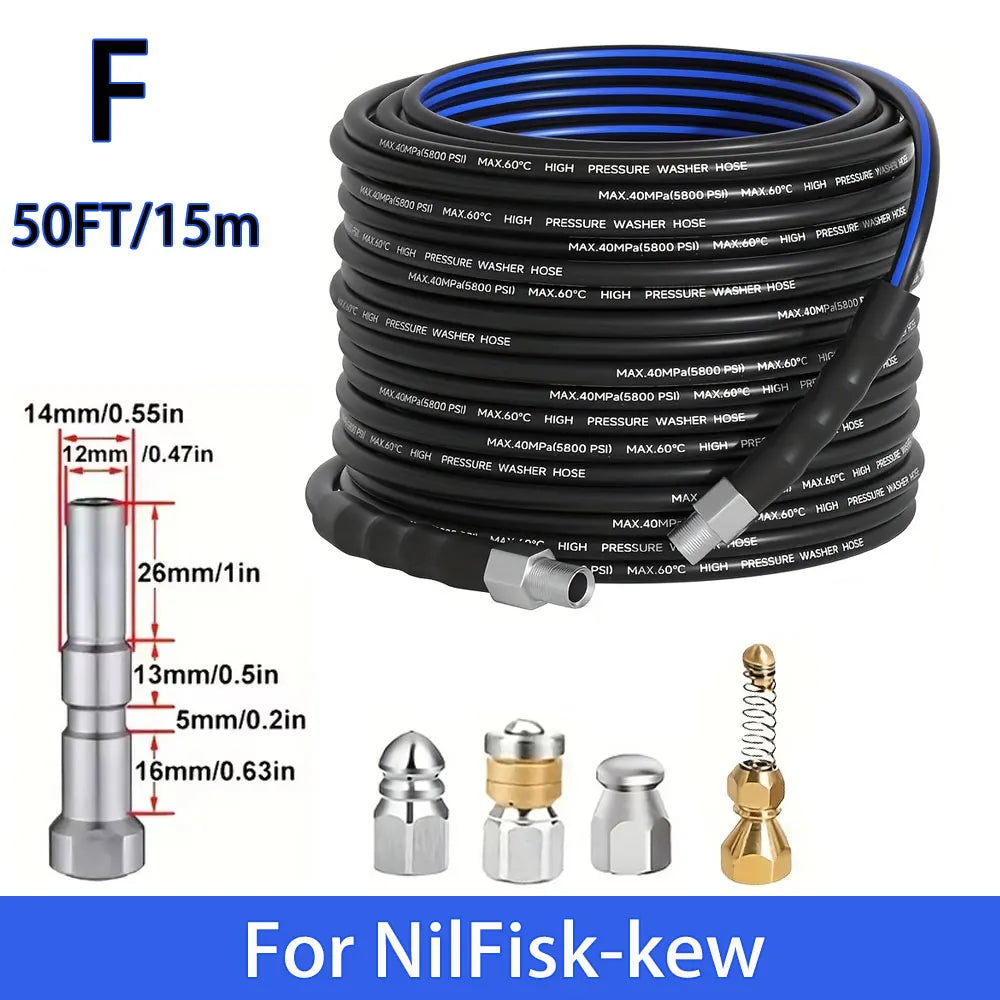 50FT Blue-Black Cleaning Hose Pressure Washer Drain Flusher,1/4" NPT  5000PSI Sink Unblocker Kitchen Flusher Nozzle Accessories