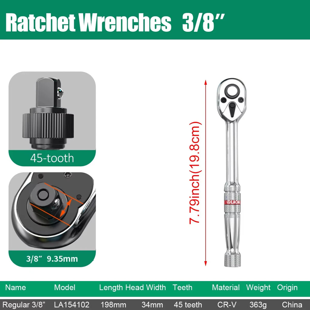 LAOA 1pc Quick Bi-Directional Ratchet Wrench CRV 1/4 3/8 1/2 Socket Wrench Auto Motorcycle Repair Tools