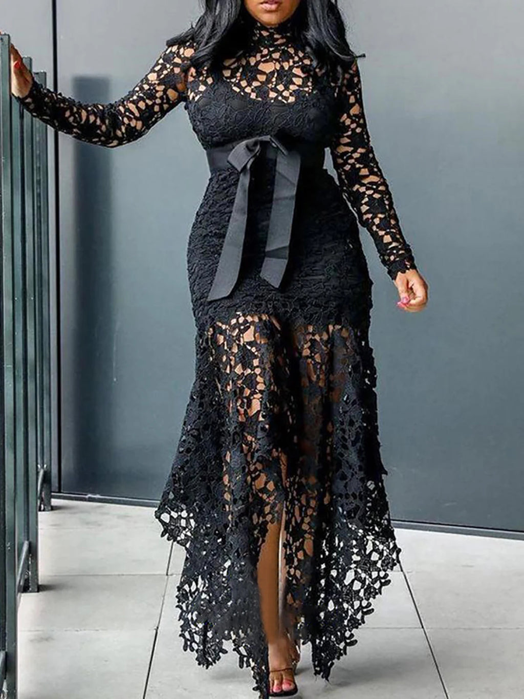 Women Elegant French Lace Dress Stand Up Collar Puff Sleeve Slim Sexy Hollow Out Irregular Hem Party Club Evening Midi Dresses