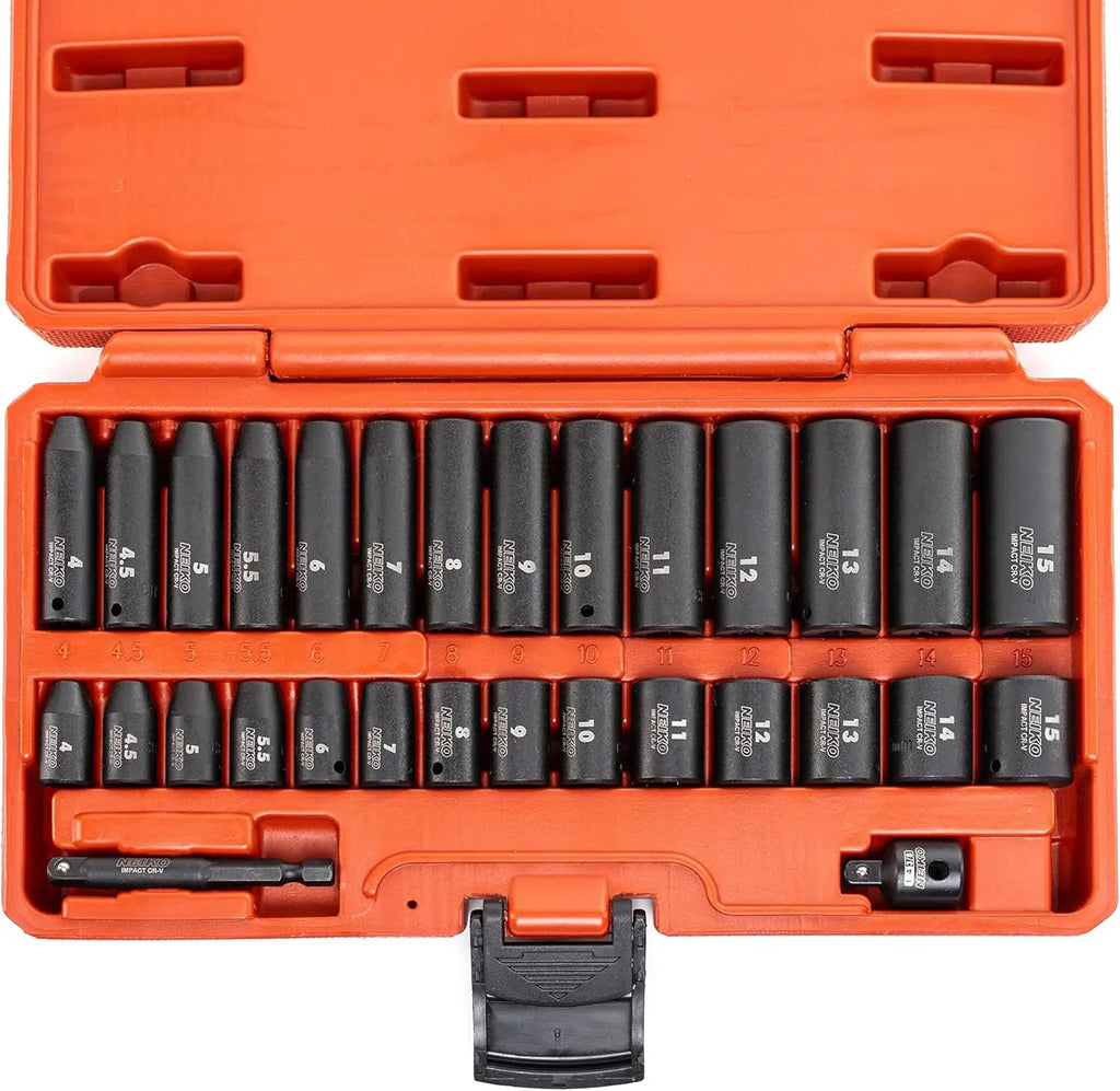 1/4" Drive Impact Socket Set 30 Piece Metric 4-15mm Deep & Shallow Chrome Vanadium Steel with Reducer & Adapter