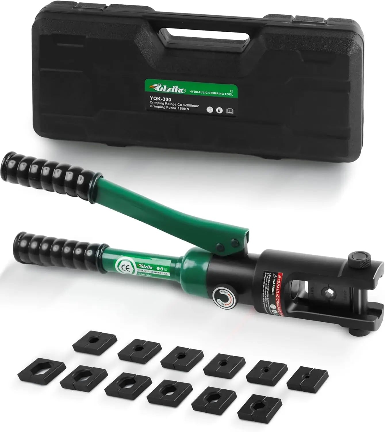 16 Ton Hydraulic Wire Crimper with Standard US Dies, Crimps 6 AWG to 600 MCM, Includes 13 Pairs of Cable Dies