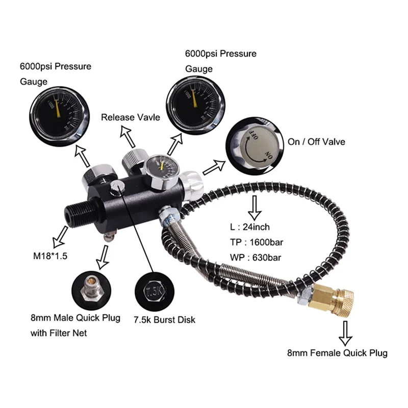 A02F-Valve Scuba Adapter With Gauge Tank Filling Station Refill For Air Tank Bottle Cylinder Diving Kit