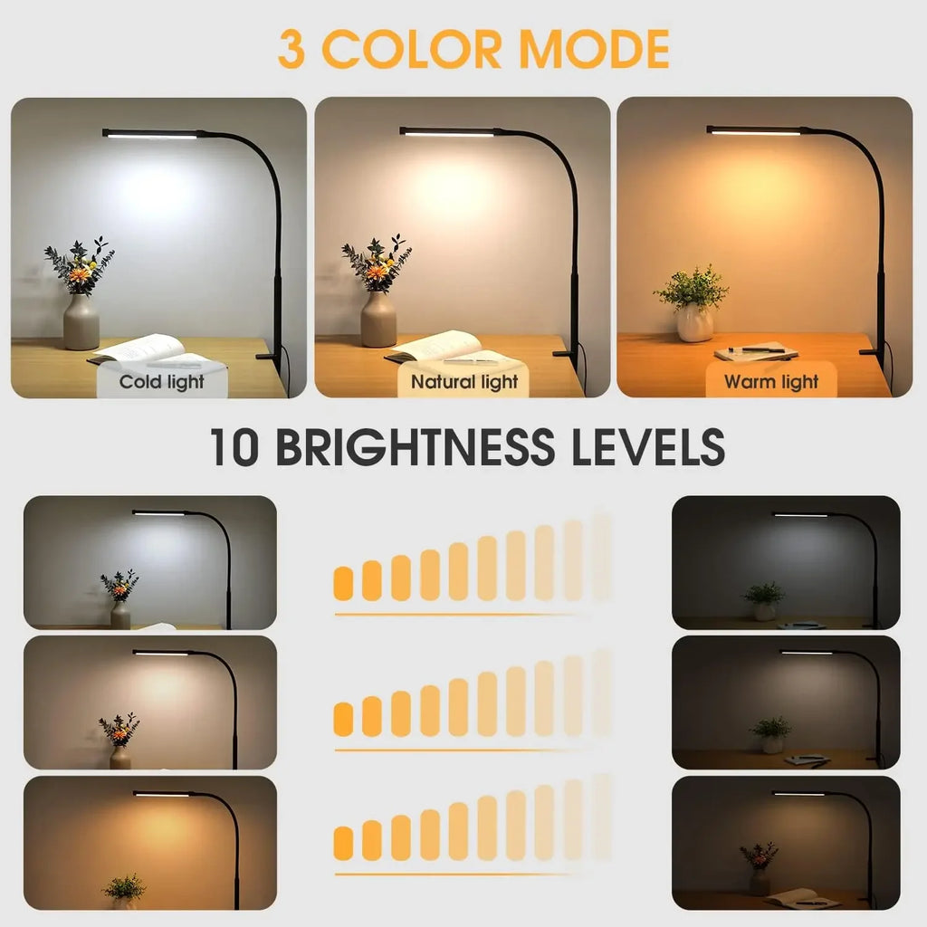 Flexible LED Desk Lamp With Clamp, 3 Modes & 10 Brightness, Eye-Caring Light For Home Office