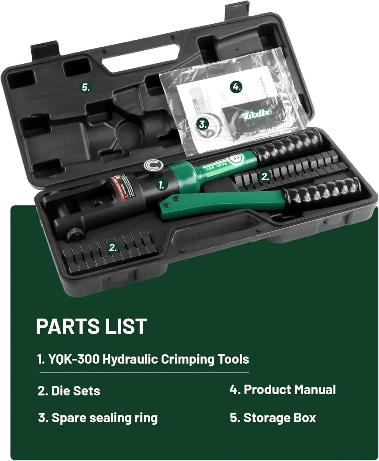 16 Ton Hydraulic Wire Crimper with Standard US Dies, Crimps 6 AWG to 600 MCM, Includes 13 Pairs of Cable Dies