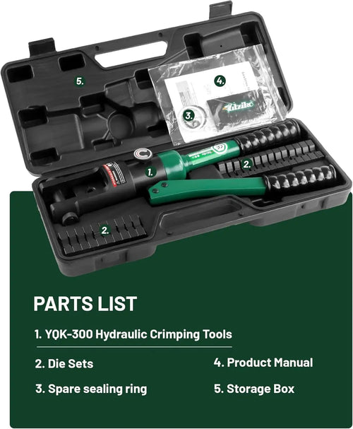 16 Ton Hydraulic Wire Crimper with Standard US Dies, Crimps 6 AWG to 600 MCM, Includes 13 Pairs of Cable Dies
