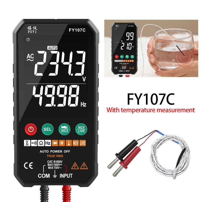 Digital Multimeter FY107C FY107B Universal Meter AC DC Voltage Ture RMS NCV Transistor Capacitor Temp Auto Voltage Smart Meter