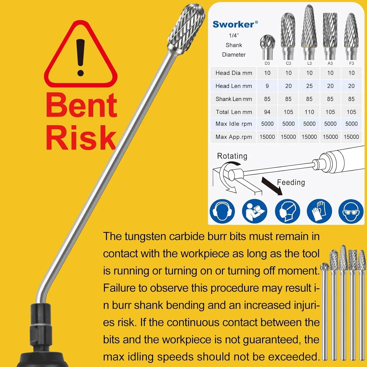 5Pcs Long Carbide Burr Set, 1/4" Shank for Die Grinder, Ideal for Metal Grinding on Steel, Aluminum & Cast Iron